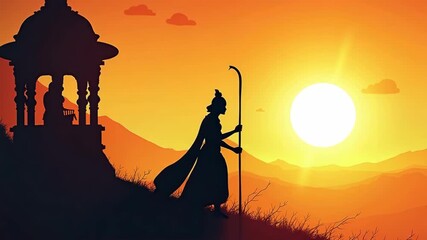  lord rama silhouette for ram navami celebration. A silhouette of a person holding a staff walks past a traditional pavilion at sunset, set against a mountainous landscape, symbolizing spirituality, - Powered by Adobe