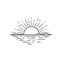 Simple line drawing of a sunset over the ocean, with birds flying.