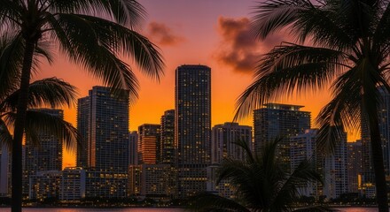 An urban skyline at dusk featuring towering buildings with lit windows framed by silhouetted palm trees all against a vibrant orange and purple sky reflecting on calm waters