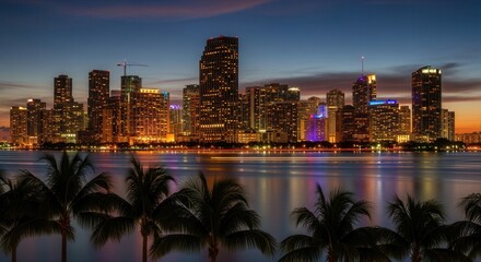 An illuminated coastal city skyline at twilight featuring tall buildings light reflections on water and silhouetted palm trees in the foreground