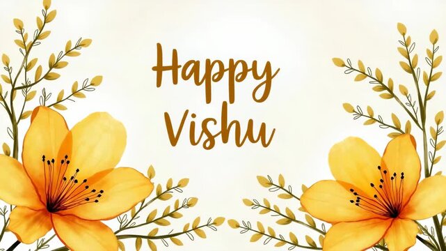 Happy vishu watercolor  design with golden shower flowers. Elegant Vishu greeting  featuring vibrant yellow flowers and leafy branches on a soft background. Perfect for celebrating the Kerala festival