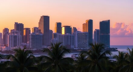 City skyline at dawn with tall buildings reflecting warm light framed by silhouetted palm trees and a colorful sky over a bay