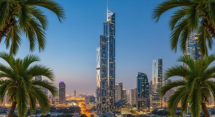 City skyline at twilight a prominent skyscraper with geometric facade framed by palm fronds