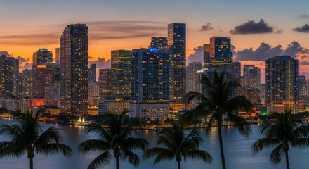 City skyline at twilight with illuminated high-rise buildings reflected in water featuring silhouetted palm trees against an orange and blue sky
