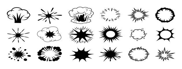Collection of Black and White Comic Book Style Explosion and Burst Icons © pixelVista