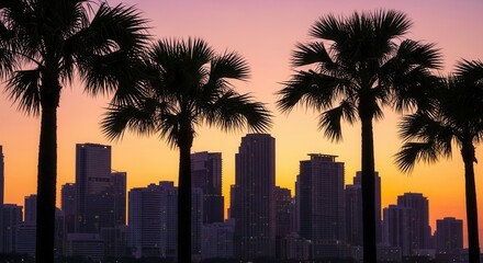 City skyline with tall buildings and palm tree silhouettes against a gradient sky of pink orange and yellow hues