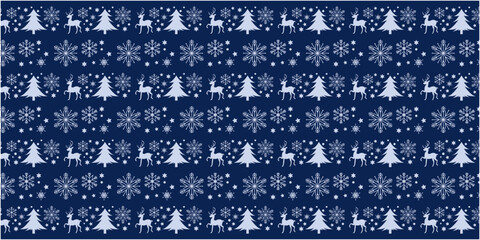 Winter holiday and Christmas decoration pattern. Christmas trees, snow flakes and reindeers decoration illustration. Vector illustration.