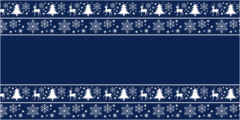 Winter holiday and Christmas decoration pattern. Christmas trees, snow flakes and reindeers decoration illustration. Vector illustration.