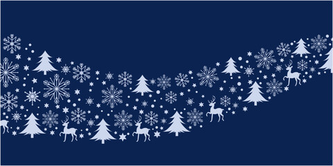 Winter holiday and Christmas decoration pattern. Christmas trees, snow flakes and reindeers decoration illustration. Vector illustration.