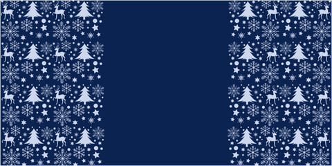 Winter holiday and Christmas decoration pattern. Christmas trees, snow flakes and reindeers decoration illustration. Vector illustration.
