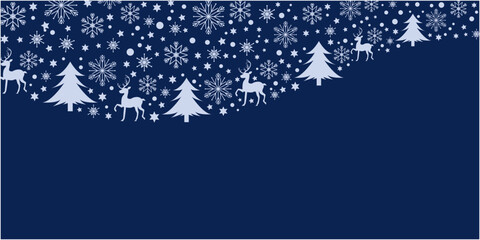 Winter holiday and Christmas decoration pattern. Christmas trees, snow flakes and reindeers decoration illustration. Vector illustration.