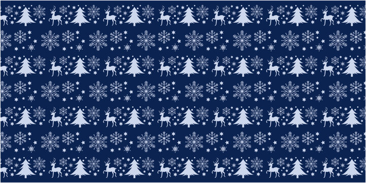 Winter holiday and Christmas decoration pattern. Christmas trees, snow flakes and reindeers decoration illustration. Vector illustration.