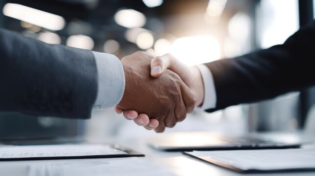 Diverse Business Professionals Handshake: Collaboration, Partnership, and Success in Modern Office Environment