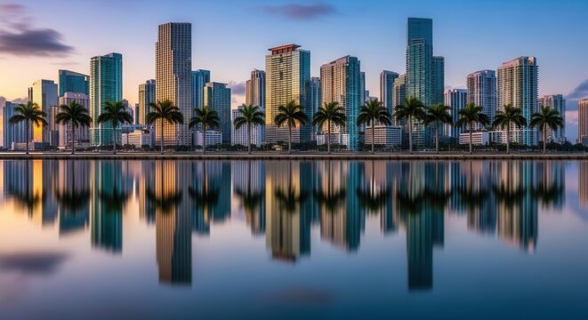 Coastal city skyline at sunset with numerous buildings palm trees and vivid reflections in calm water