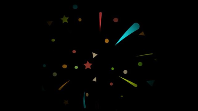 Colorful geometric shapes exploding on black, celebrate new year animation