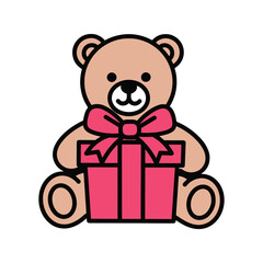 flat vector Cute teddy bear with gift box and pink bow