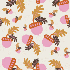 Acorn. Seamless pattern with acorns on a yellow background. Autumn design perfect for wallpaper, gift paper, autumn greeting cards, fabric, textile, web design. Hand-drawn. Flat design. Vector.