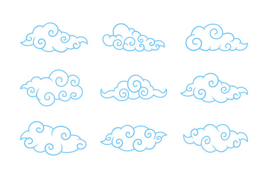 Set of Oriental Cloud Swirl Line Art Vector Illustrations in Blue Outline
