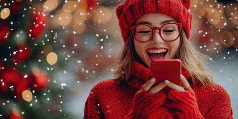 Young woman wearing winter clothes and eyeglasses looking surprised while reading unbelievable news on a red smartphone with a decorated Christmas tree in the background