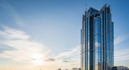 Modern skyscraper with a blue glass exterior under a clear sky showing intricate design elements and a sun glow on the horizon
