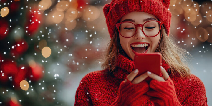 Young woman wearing winter clothes and eyeglasses looking surprised while reading unbelievable news on a red smartphone with a decorated Christmas tree in the background