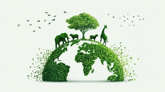 Digital illustration of green foliage Earth with silhouettes of elephant, giraffe, lion, tiger, sheep, tree and birds, symbolizing biodiversity and nature for World Animal Day - Powered by Adobe