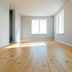 Empty Room Interior with Large Windows and Hardwood Floor