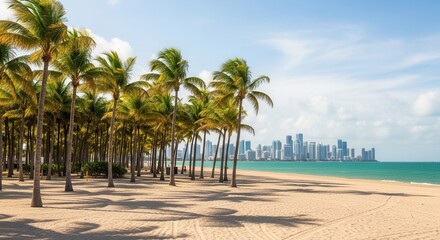 Sunny beach with numerous palm trees casting shadows turquoise water and a distant urban skyline under a blue sky with clouds