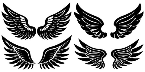 horizontal,icon set,angel,tattoo,
clip art,insigWing silhouette vector set, twelve symmetrical pairs, feather style variation, tattoo design element, logo graphic, fantasy illustration, black artwork
