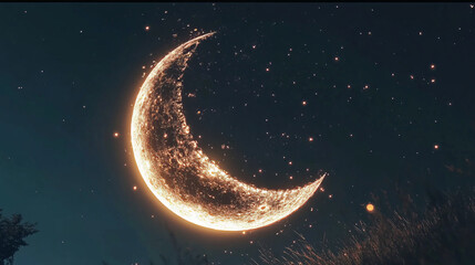 A crescent moon glowing brightly in a dark sky filled with twinkling stars and soft ambient light effects