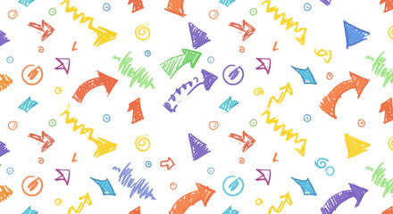 Playful seamless pattern with hand-drawn colorful arrows and geometric shapes