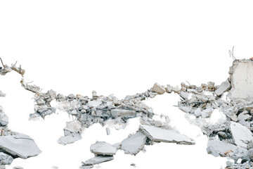 Pile of broken concrete rubble and debris isolated on transparent background