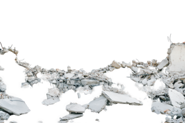 Pile of broken concrete rubble and debris isolated on transparent background