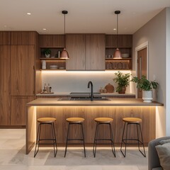 Fototapeta premium Modern home interior featuring a kitchen with a dining table, chairs, and a fireplace, all with contemporary wooden furniture