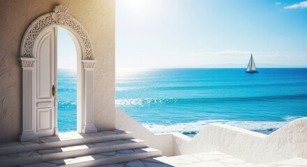 Open Doorway to Beautiful Ocean View with Sailing Boat and Sunlight