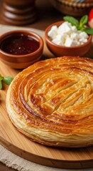Traditional Egyptian feteer meshaltet a flaky layered pastry with feta cheese and honey