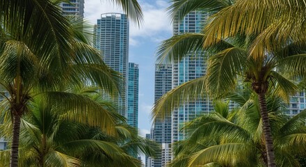 Tall modern buildings with numerous windows rise against a blue sky framed by vibrant green palm fronds depicting an urban tropical setting