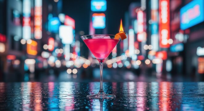 Cosmopolitan cocktail with a flamed orange peel garnish on a wet table in a modern city