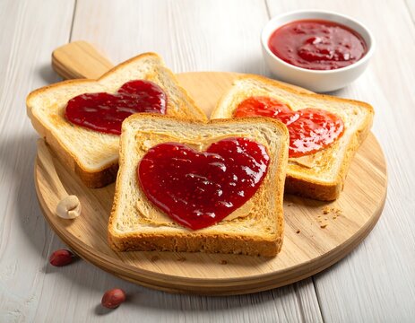 Three slices of toast, topped with peanut butter and heart-shaped raspberry jam, displayed on a wooden board.