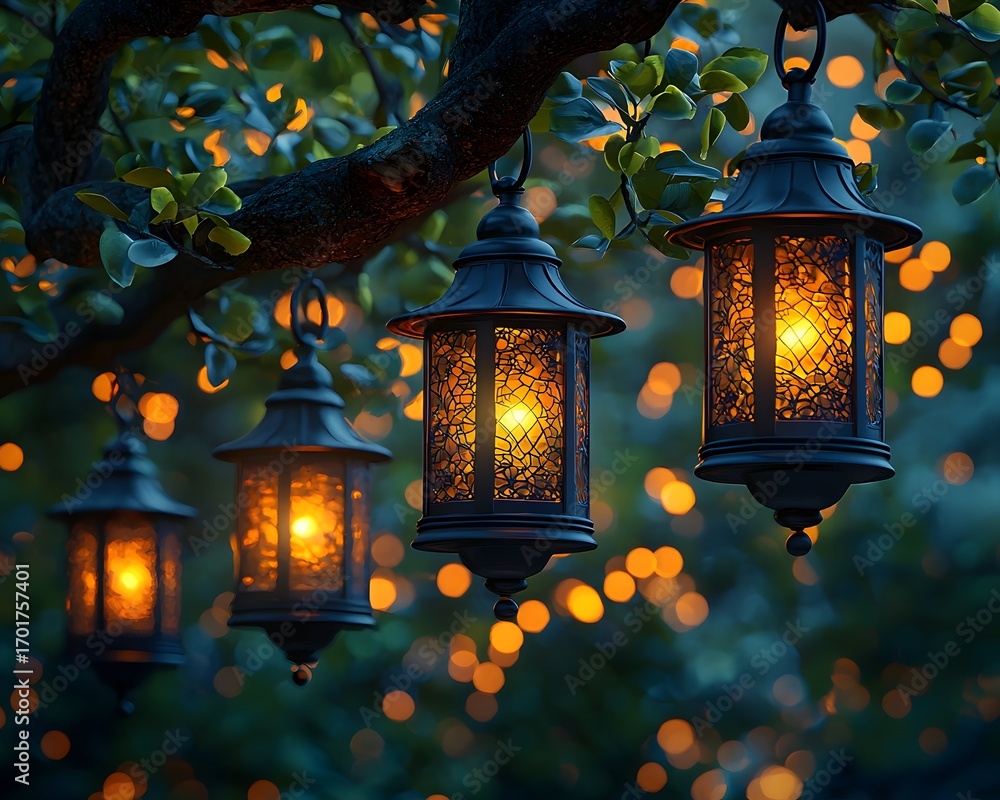Aufkleber four vintage lanterns hang from a tree branch casting a warm inviting glow in the evening garden wit