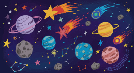 Hand-drawn illustration of planets, stars, constellations, and asteroids in space