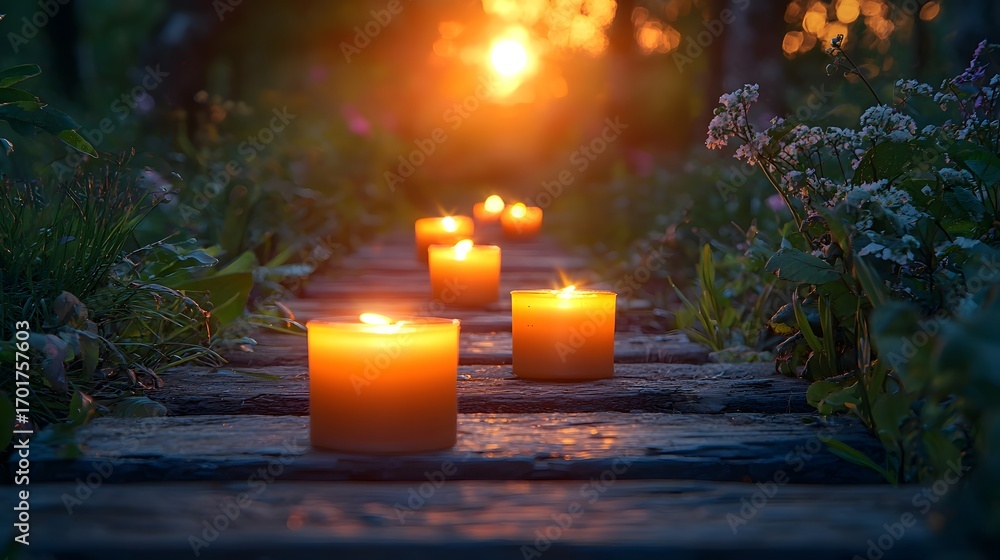 Aufkleber lit candles illuminate a rustic wooden path through nature at twilight creating a serene atmosphere