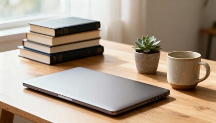 Workplace Still Life: Laptop, Books, Succulent, and Coffee Cup on a Wooden Table
