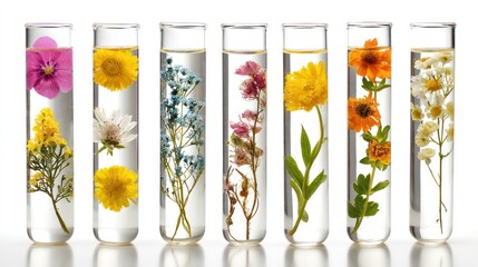 Pressed flowers in clear test tubes