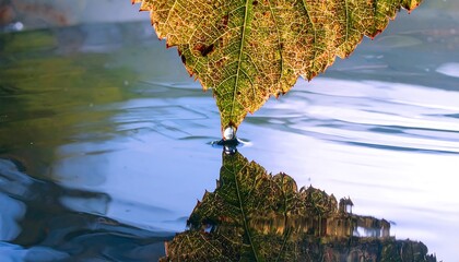 A vibrant autumn leaf rests gently atop still water, a single droplet falling