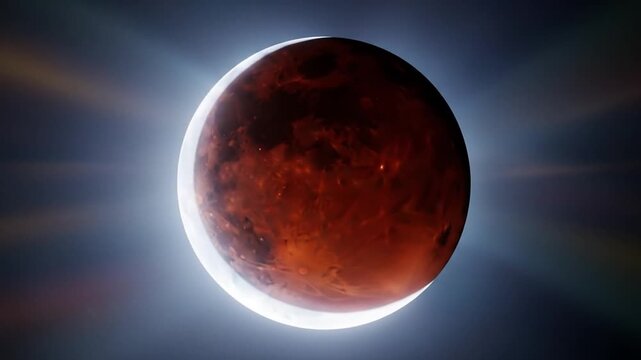 Slow timelapse of a blood red lunar eclipse crescent with glowing halo and lens flare rays.
