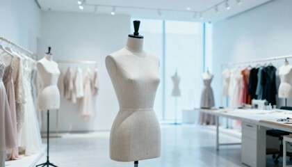 Bright Fashion Design Studio with Mannequins and Clothing Racks Displaying Stylish Garments for Creative Professionals