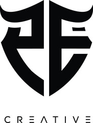 PE Shield Monogram Logo with Bull Horn – Bold Emblem Symbol for Security, Protection and Modern Branding