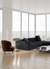 Illustration 3D rendering large luxury modern bright interiors Living room mockup computer digitally generated image