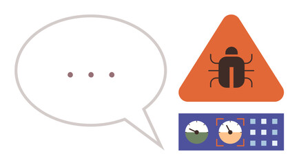 Speech bubble with ellipsis, warning sign with bug icon, and dashboard with dials. Ideal for debugging, teamwork, analysis, problem-solving, IT systems communication software testing. Simple flat
